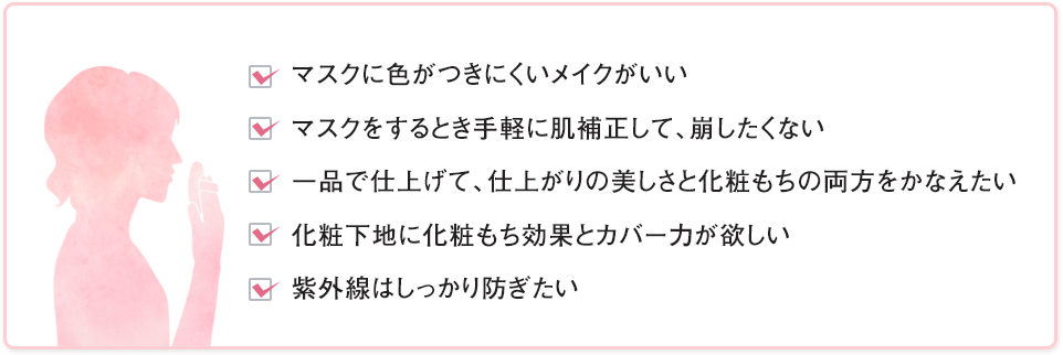 日によっては、ファンデーションを休みたい、一品で仕上げて、仕上がりの美しさと化粧もちの両方をかなえたい、化粧下地に化粧もち効果とカバー力が欲しい、紫外線はしっかり防ぎたい