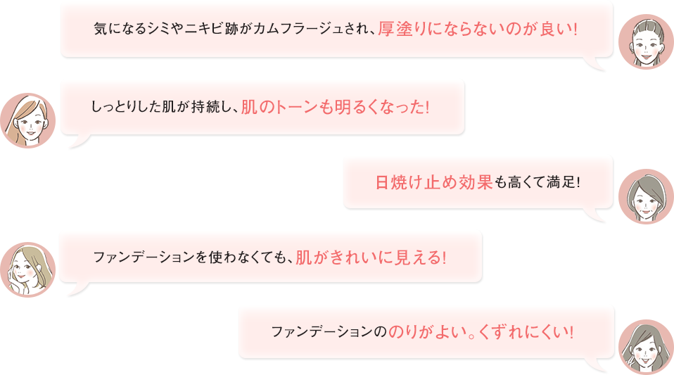 ファンデーションを使わなくても、肌がきれいに見える！気になるシミやニキビ跡がカムフラージュされ、厚塗りにならないのが良い！ファンデーションののりがよい。くずれにくい！しっとりした肌が持続し、肌のトーンも明るくなった！日焼け止め効果も高くて満足！