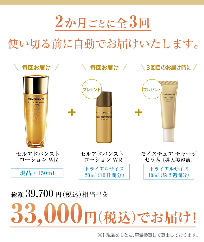 2か月ごとに全3回 使い切る前に自動でお届けいたします。総額39,700円（税込）相当 を33,000円（税込）でお届け！