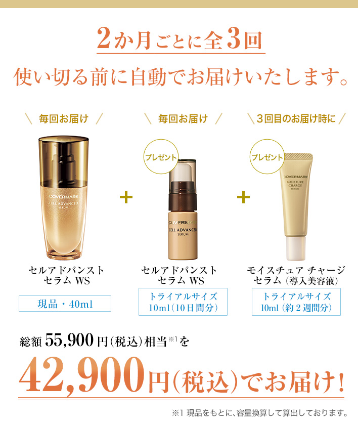 2か月ごとに全3回 使い切る前に自動でお届けいたします。総額55,750円（税込）相当 を42,900円（税込）でお届け！