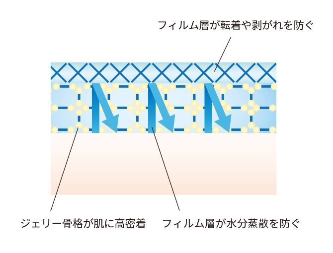フィルム層が転着や剥がれを防ぐ ジェリー骨格が肌に高密着 フィルム層が水分蒸散を防ぐ