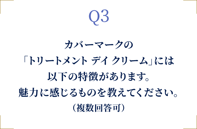 Q3 カバーマークの「トリートメント デイ クリーム」には以下の特徴があります。魅力に感じるものを教えてください。（複数回答可）