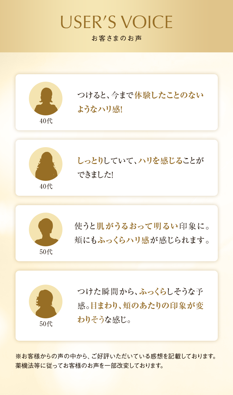 USER’S VOICE お客さまのお声 つけると、今まで体験したことのないようなハリ感！40代 しっとりしていて、ハリを感じることができました！40代 使うと肌がうるおって明るい印象に。頬にもふっくらハリ感が感じられます。50代 つけた瞬間から、ふっくらしそうな予感。目まわり、頬のあたりの印象が変わりそうな感じ。50代 ※お客様からの声の中から、ご好評いただいている感想を記載しております。薬機法等に従ってお客様のお声を一部改変しております。
