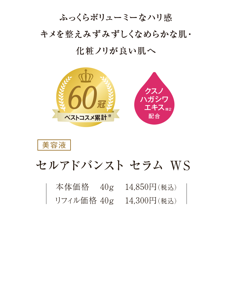 ふっくらボリューミーなハリ感 キメを整えみずみずしくなめらかな肌・化粧ノリが良い肌へ 美容液 セルアドバンスト セラム WS 本体価格 40g 14,850円（税込） リフィル価格 40g 14,300円（税込）