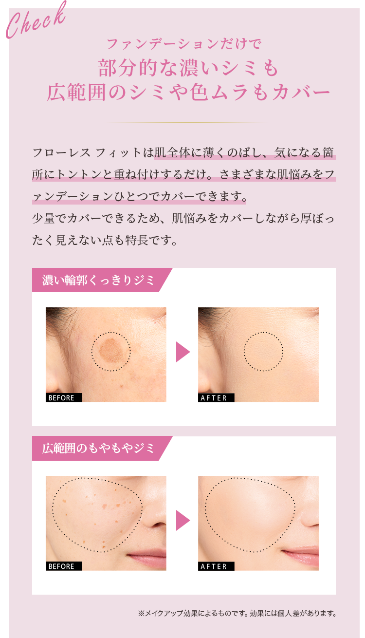 Check ファンデーションだけで部分的な濃いシミも広範囲のシミや色ムラもカバー