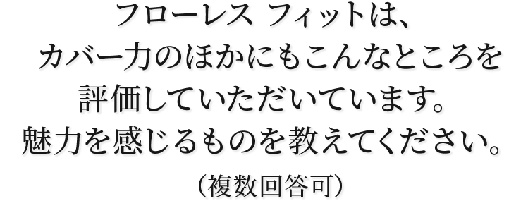 フローレス フィットは、 カバー力のほかにもこんなところを 評価していただいています。 魅力を感じるものを教えてください。（複数回答可）