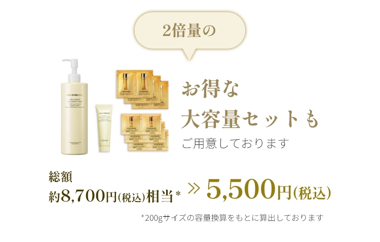 2倍量のお得な大容量セットもご用意しております。総額約8,700円（税込）相当が5,500円（税込）で購入可能。*200gサイズの容量換算をもとに算出しております。