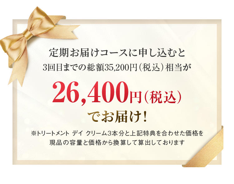 定期お届けコースに申し込むと3回目までの総額35,200円（税込）相当が26,400円（税込）でお届け！※トリートメント デイ クリーム3本分と上記特典を合わせた価格を現品の容量と価格から換算して算出しております