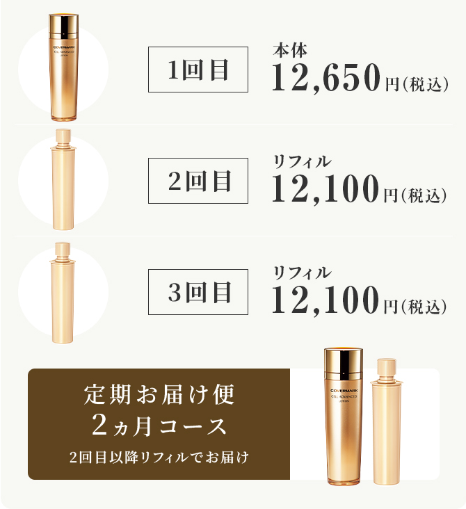 1回目本体12,650円（税込） 2回目リフィル12,100円（税込） 3回目リフィル12,100円（税込） 定期お届け便2ヵ月コース 2回目以降リフィルでお届け