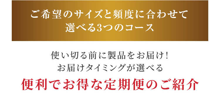 
		  ご希望の頻度に合わせて選べる3つのコース 使い切る前に製品をお届け！ お届けタイミングが選べる便利でお得な定期便のご紹介