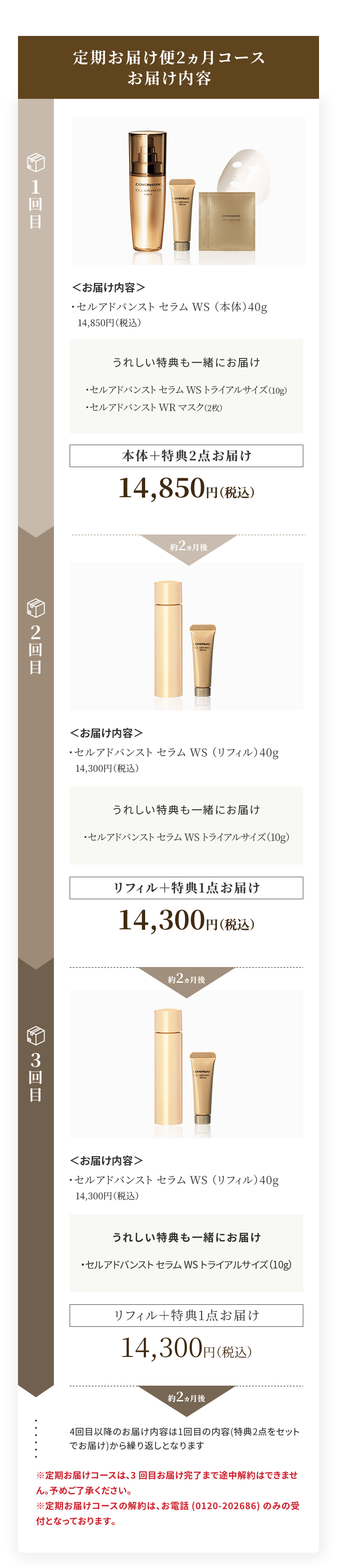定期お届け便2ヵ月コースお届け内容 1回目＜お届け内容＞・セルアドバンスト セラム WS （本体）40g14,850円（税込）うれしい特典も一緒にお届け・セルアドバンスト セラム WS トライアルサイズ（10g）・セルアドバンスト WR マスク（2枚）本体＋特典2点お届け14,850円（税込）約2ヵ月後 2回目＜お届け内容＞ ・セルアドバンスト セラム WS （リフィル）40g14,300円（税込） うれしい特典も一緒にお届け ・セルアドバンスト セラム WS トライアルサイズ（10g） リフィル＋特典1点お届け 14,300円（税込） 約2ヵ月後 3回目＜お届け内容＞ ・セルアドバンスト セラム WS （リフィル）40g14,300円（税込） うれしい特典も一緒にお届け ・セルアドバンスト セラム WS トライアルサイズ（10g） リフィル＋特典1点お届け 14,300円（税込） 約2ヵ月後 4回目以降のお届け内容は1回目の内容(特典2点をセットでお届け)から繰り返しとなります ※定期お届けコースは、3回目お届け完了まで途中解約はできません。予めご了承ください。 ※定期お届けコースの解約は、お電話(0120-202686)のみの受付となっております。
