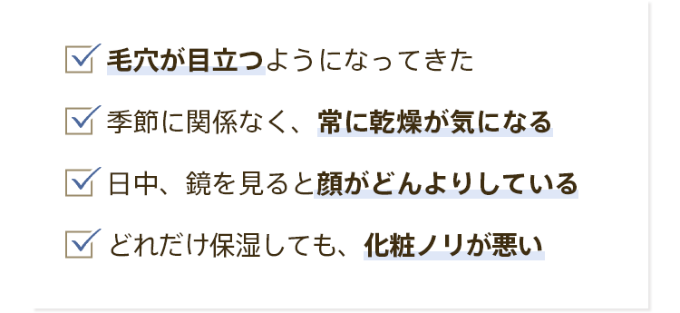 ・毛穴が目立つようになってきた　・季節に関係なく、常に乾燥が気になる　・日中、鏡を見ると顔がどんよりしている　・どれだけ保湿しても、化粧ノリが悪い