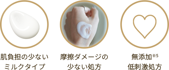 肌負担の少ないミルクタイプ　摩擦ダメージの少ない処方　無添加低刺激処方