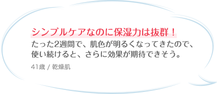 シンプルケアなのに保湿力は抜群！たった2週間で、肌色が明るくなってきたので、使い続けると、さらに効果が期待できそう。 41歳 / 乾燥肌